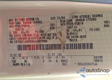 2005 Ford E-150 Commercial/Recreational z USA, uszkodzony, nr VIN 1FTRE14W55HA89988